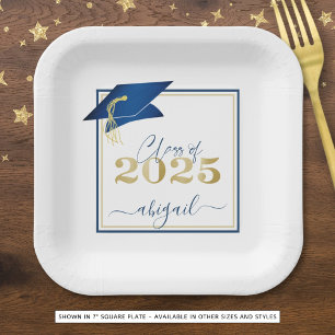 Graduation 2025 Faux Metallic Blue Gold Script Paper Plate