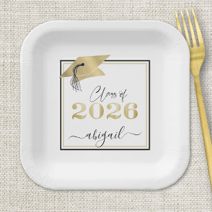 Graduation 2025 Faux Metallic Gold Cap Black Paper Plate