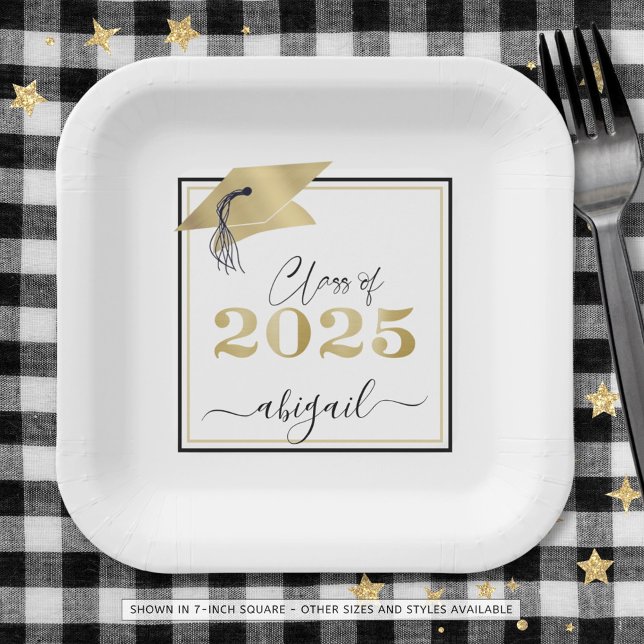 Graduation 2025 Faux Metallic Gold Cap Black Paper Plate (Creator Uploaded)