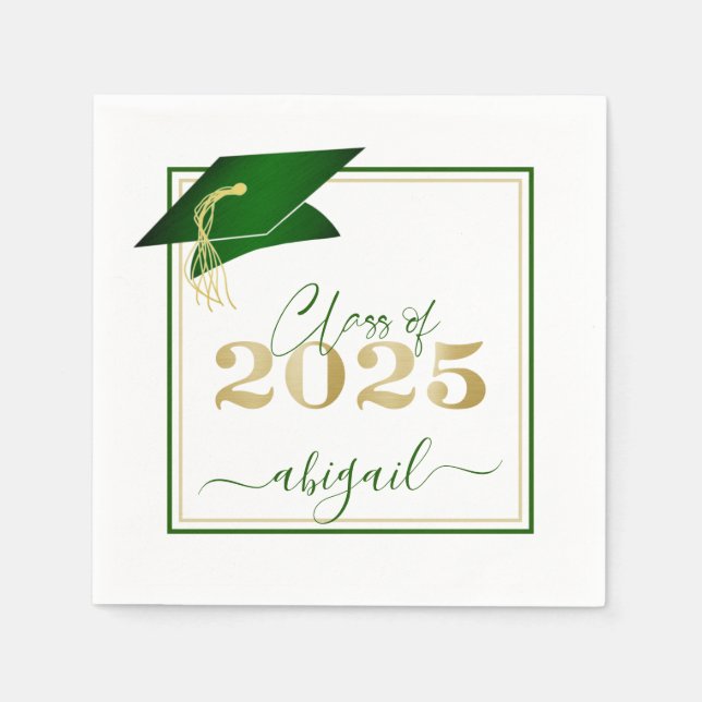 Graduation 2025 Faux Metallic Green Gold Script Napkin (Front)