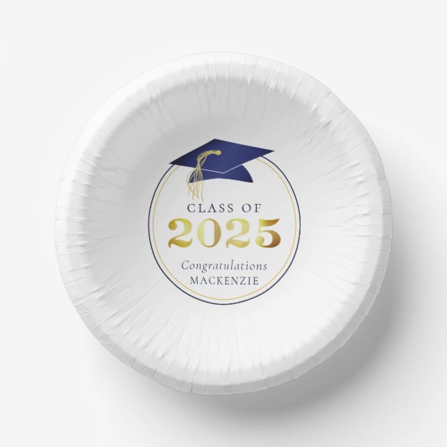 Graduation 2025 Faux Metallic Navy Blue Gold Paper Plate (Front)