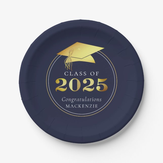 Graduation 2025 Faux Metallic Navy Blue Gold Paper Plate (Front)