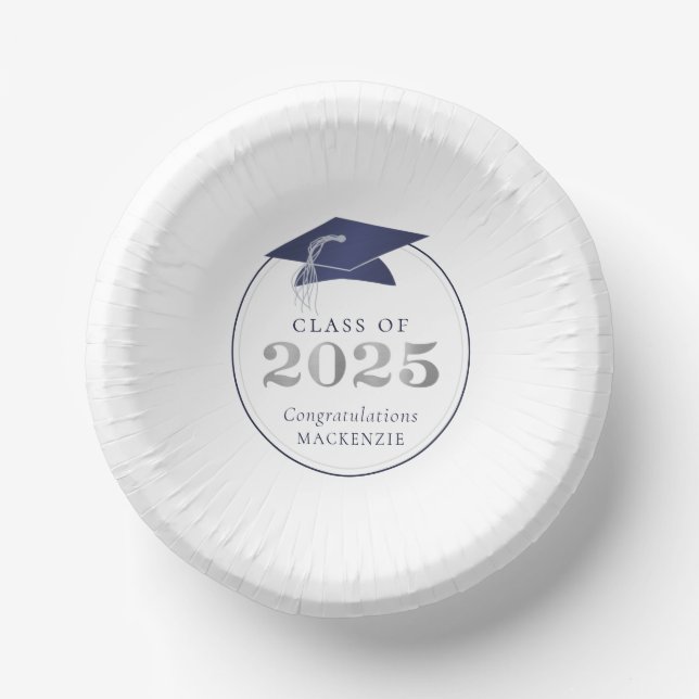 Graduation 2025 Faux Metallic navy blue silver Paper Plate (Front)