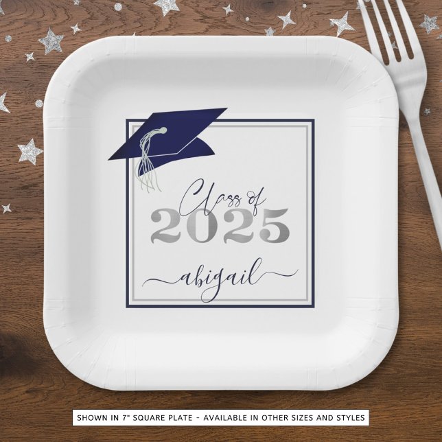 Graduation 2025 Faux Metallic Navy Silver Script Paper Plate (Creator Uploaded)