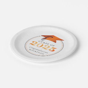 Graduation 2025 Faux Metallic Orange Black Paper Plate