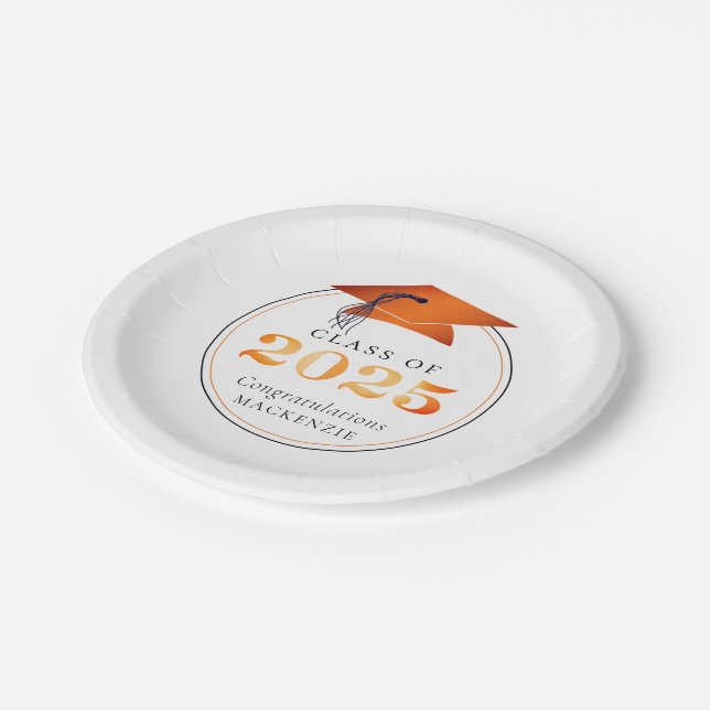Graduation 2025 Faux Metallic Orange Black Paper Plate (Angled)