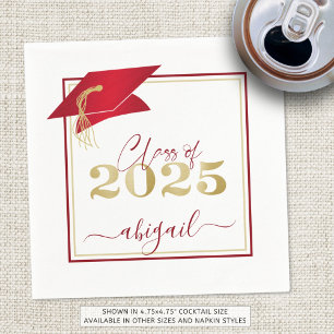 Graduation 2025 Faux Metallic Red Gold Script Napkin