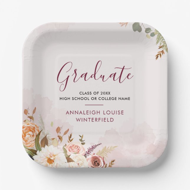 Graduation 2025 Floral Watercolor Grad Party Paper Plate (Front)