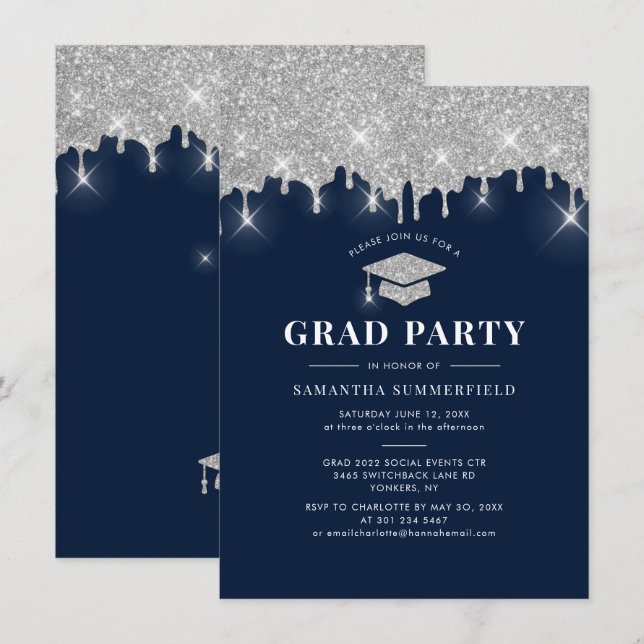 Graduation 2025 Glitter Grad Navy Blue Party Invitation (Front/Back)
