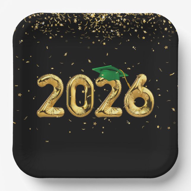 Graduation 2025 Gold Balloons and Green Cap Paper Plate (Front)