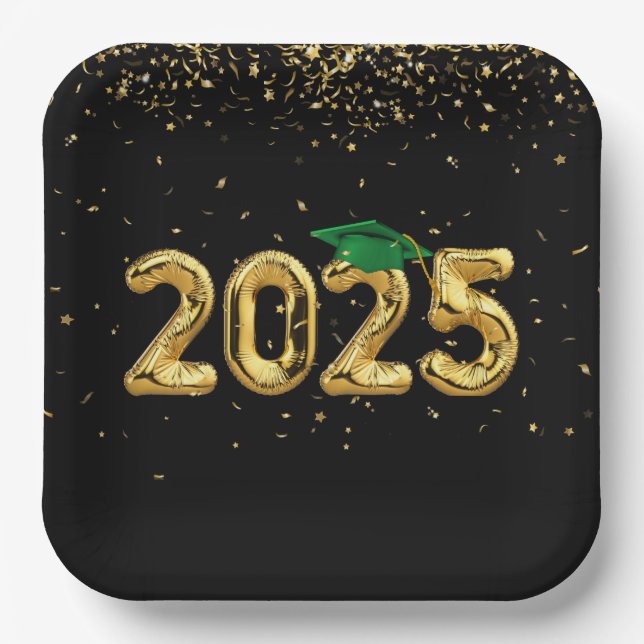 Graduation 2025 Gold Balloons and Green Cap Paper Plate (Front)