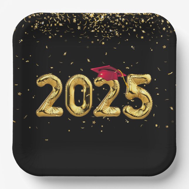 Graduation 2025 Gold Balloons and Red Cap Paper Plate (Front)