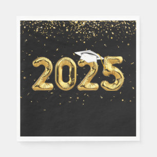 Graduation 2025 Gold Balloons and White Cap Napkin