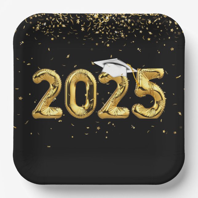 Graduation 2025 Gold Balloons and White Cap Paper Plate (Front)