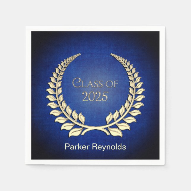 Graduation 2025 Gold Laurel Wreath On Blue Napkin (Front)