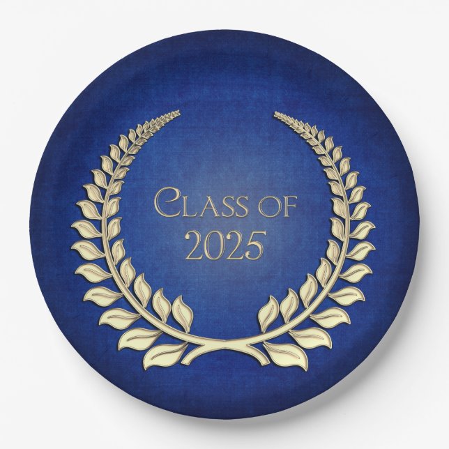 Graduation 2025 Gold Laurel Wreath On Blue  Paper Plate (Front)