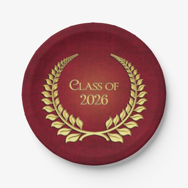 Graduation 2025 Gold Laurel Wreath On Red  Paper Plate (Front)