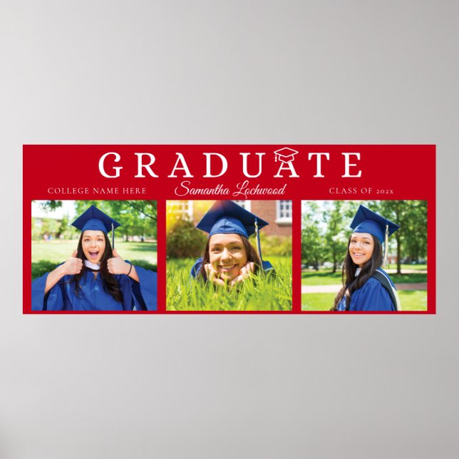 Graduation 2025 Grad 3 Photos Red Script Poster (Front)