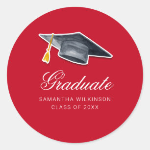 Graduation 2025 Grad Cap Tassel Calligraphy Red Classic Round Sticker