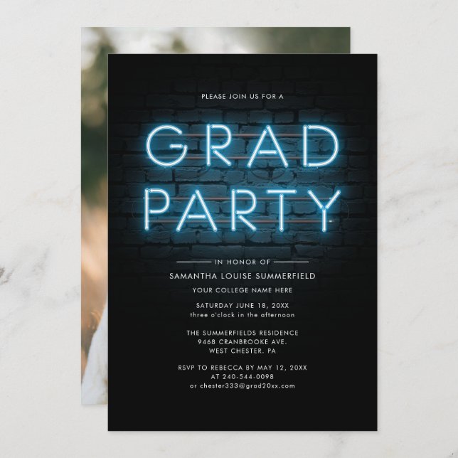 Graduation 2025 Grad Photo Blue Neon Party Invitation (Front/Back)