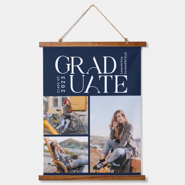 Graduation 2025 Grad Photo Collage Navy Blue Hanging Tapestry (Front)