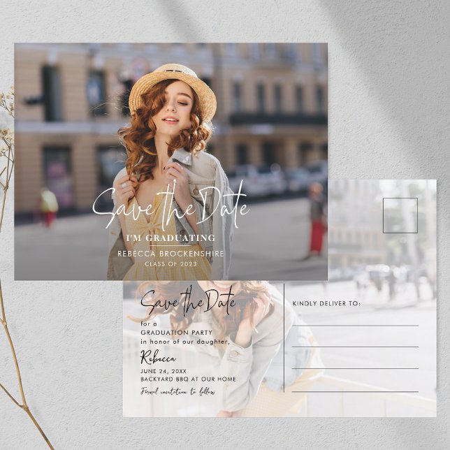 Graduation 2025 Grad Photo Save the Date Announcement Postcard (Graduation 2025 Save the Date 2 Photos Announcement Postcard)