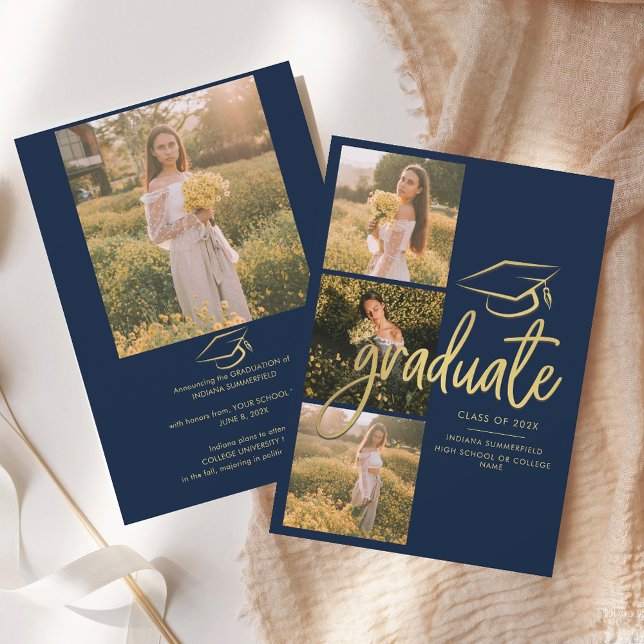 Graduation 2025 Grad Photos Navy Blue Script Announcement (Graduation 2025 Photos Navy Blue Announcement)
