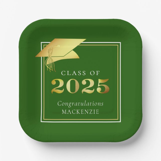 Graduation 2025 Green Faux Metallic Gold Paper Plate (Front)