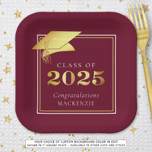 Graduation 2025 Maroon Faux Gold or Custom Colour Paper Plate