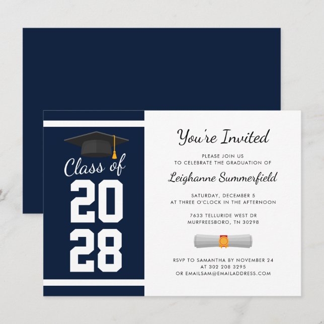 Graduation 2025 Modern Navy Blue Grad Party Invitation (Front/Back)