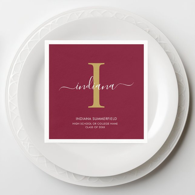 Graduation 2025 Monogram Script Burgundy Party Napkin (Monogram Script Burgundy Graduation Paper Napkin)