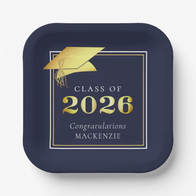 Graduation 2025 Navy Blue Faux Metallic Gold Paper Plate (Front)