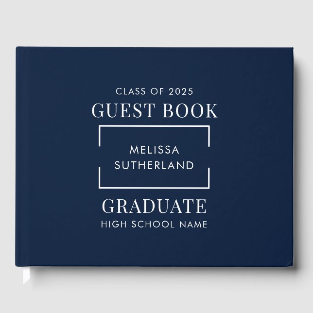 Graduation 2025 Navy Blue Grad Party Guest Book (Front)