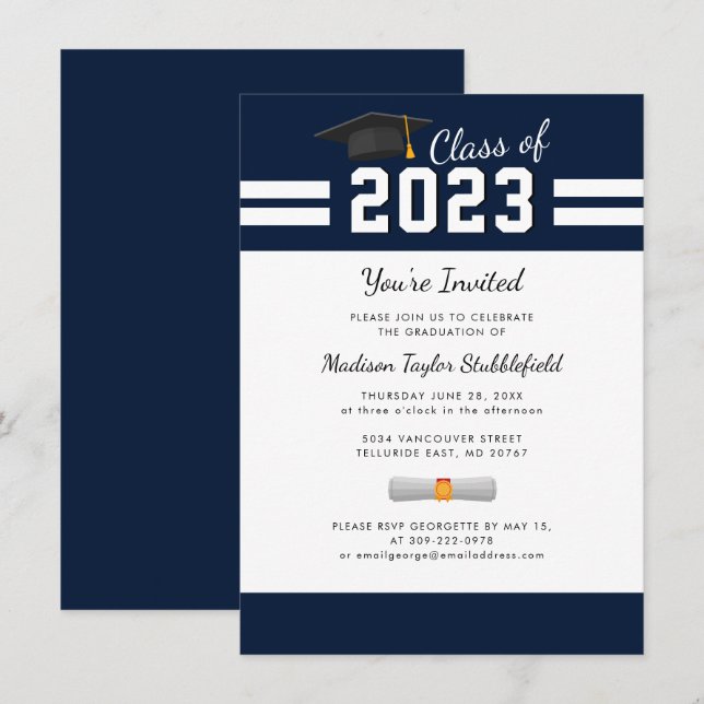 Graduation 2025 Navy Blue Grad Party  Invitation (Front/Back)