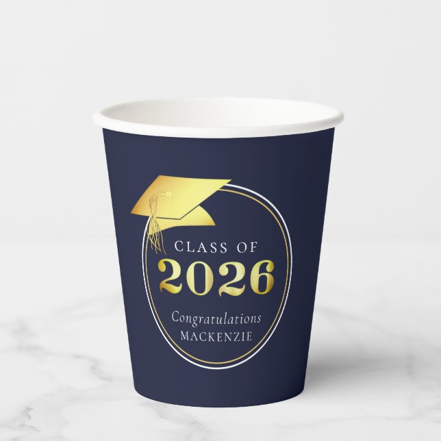 Graduation 2025 Navy Blue Metallic Gold Paper Cups (Front)