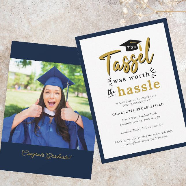 Graduation 2025 Navy Blue Photo Grad Party Invitation (Graduation 2025 Tassel Worth Hassle Grad Party Invitation)