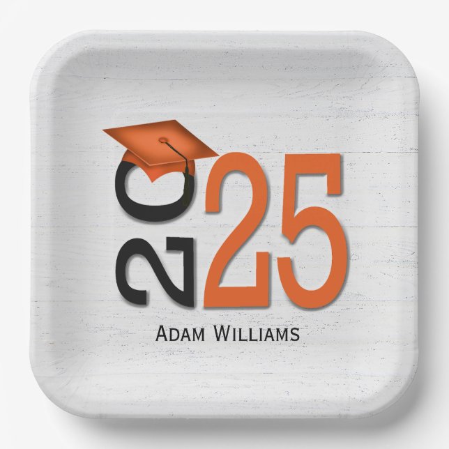 Graduation 2025 Orange and Black On Wood Paper Plate (Front)