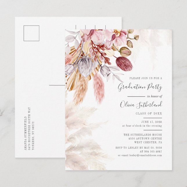 Graduation 2025 Pampas Grass Grad Party Invitation Postcard (Front/Back)
