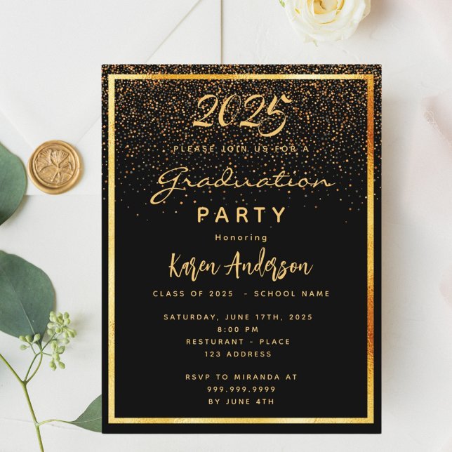 Graduation 2025 party black glam gold invitation postcard (Creator Uploaded)