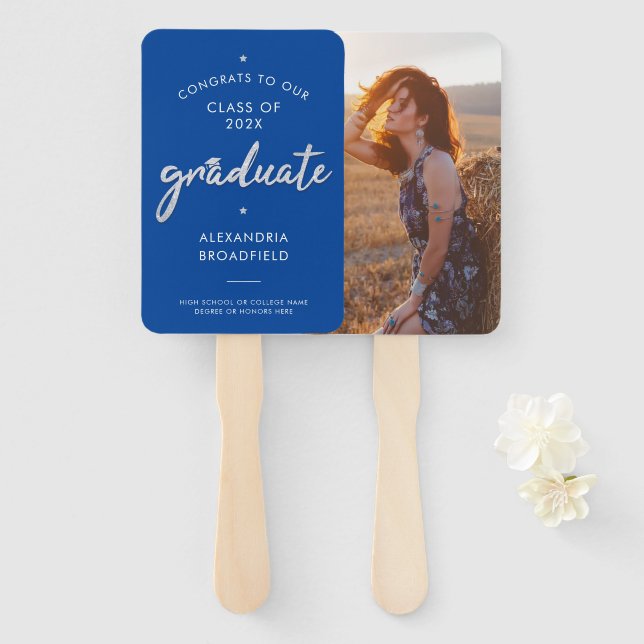 Graduation 2025 Photo Blue Script Graduate Party Hand Fan (Front and Back)