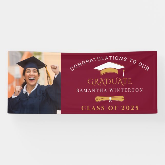 Graduation 2025 Photo Burgundy Grad Party Banner (Horizontal)