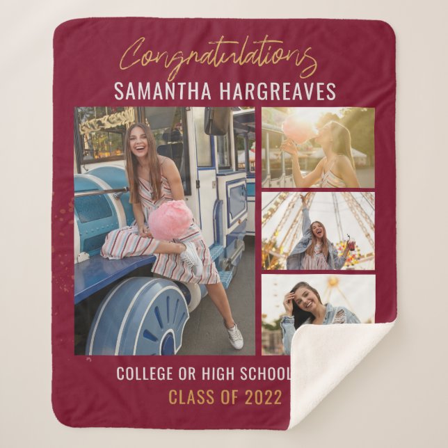  Graduation 2025 Photo Collage Burgundy Grad Sherpa Blanket (Front)
