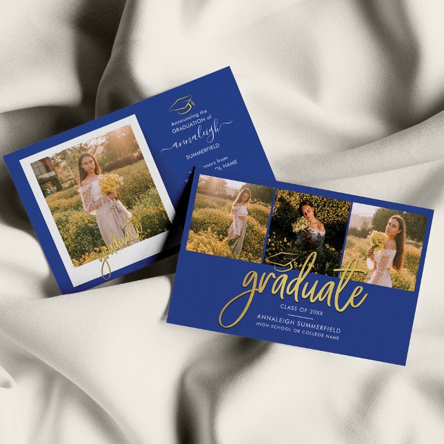 Graduation 2025 Photo Collage Grad Announcement (Graduation Script Photo Collage Royal Blue Announcement)