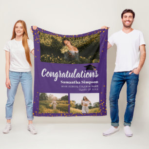 Graduation 2025 Photo Collage Graduate Purple Fleece Blanket