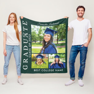 Graduation 2025 Photo Collage Green Grad Keepsake Fleece Blanket