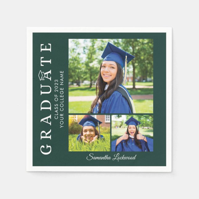 Graduation 2025 Photo Collage Green Grad Party Napkin (Front)