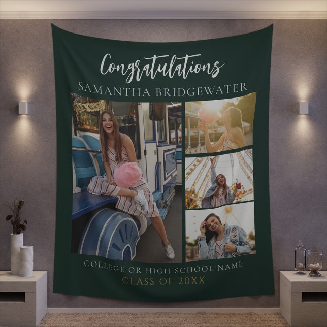 Graduation 2025 Photo Collage Green Modern Grad Tapestry (Graduation Party Photo Collage Green Tapestry)
