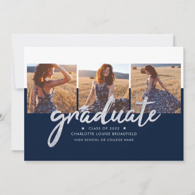 Graduation 2025 Photo Collage Navy and Silver Grad Announcement (Front)