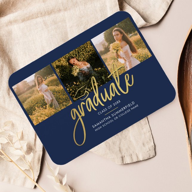 Graduation 2025 Photo Collage Navy Announcement Magnet (Graduation 2025 Announcement Photo Collage Card)