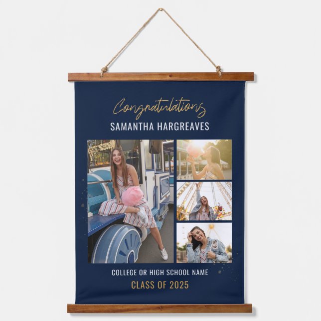  Graduation 2025 Photo Collage Navy Blue Graduate Hanging Tapestry (Front)